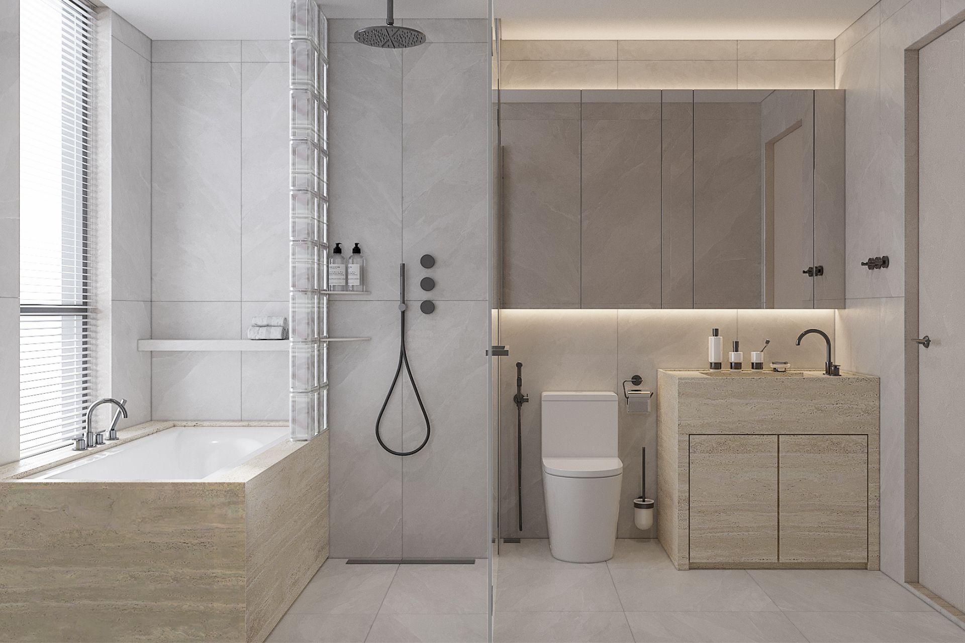 Kính được sử dụng trong không gian nội thất của phòng tắm 