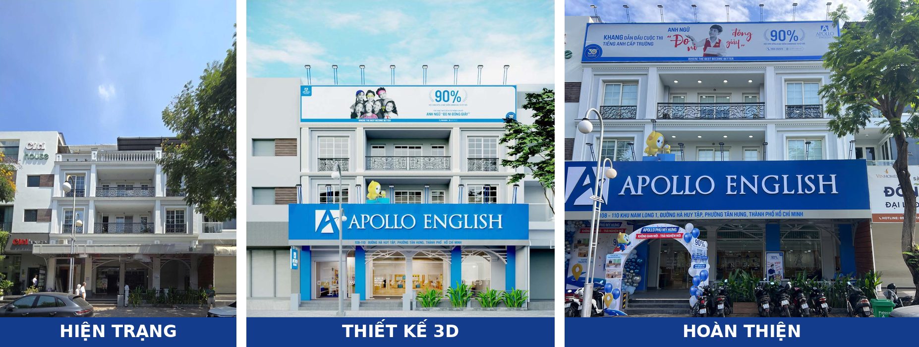 Nhà phố cũ cải tạo thành trung tâm Anh ngữ Apollo Phú Mỹ Hưng: hiện trạng, phối cảnh 3D và công trình hoàn thiện