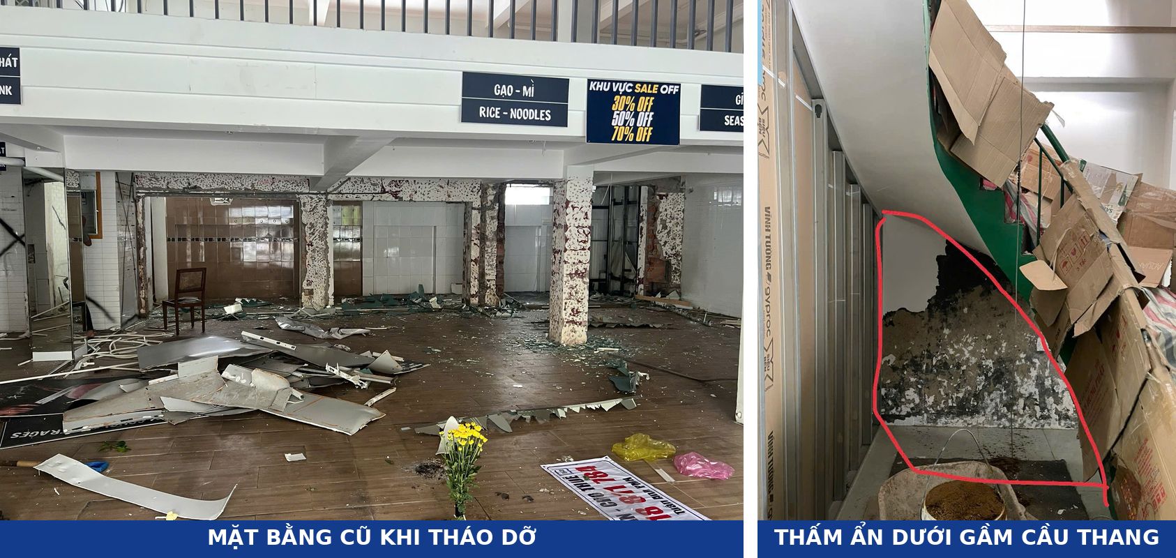 Demolition stage and damp wall base under the staircase revealed during survey