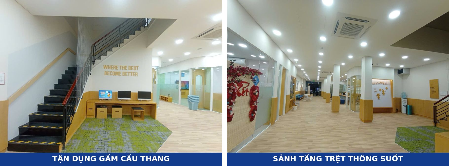 Self-study corner under the staircase and impact-protected wood-clad columns in an English center