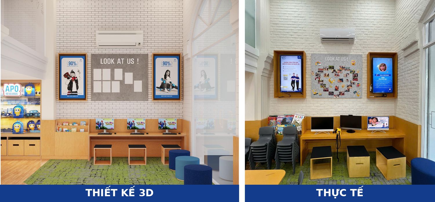 Experience corner in the lobby of an English center: 3D concept and the real space
