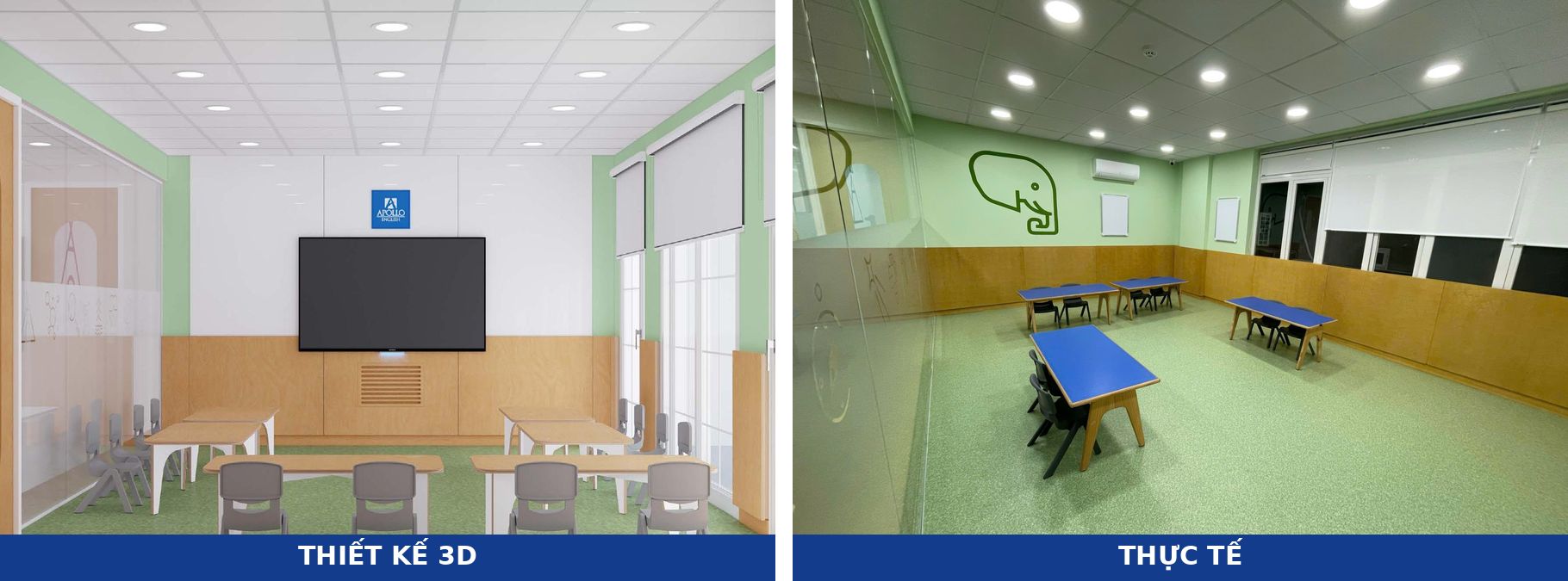 Children's classroom in an English center: 3D concept and the finished project