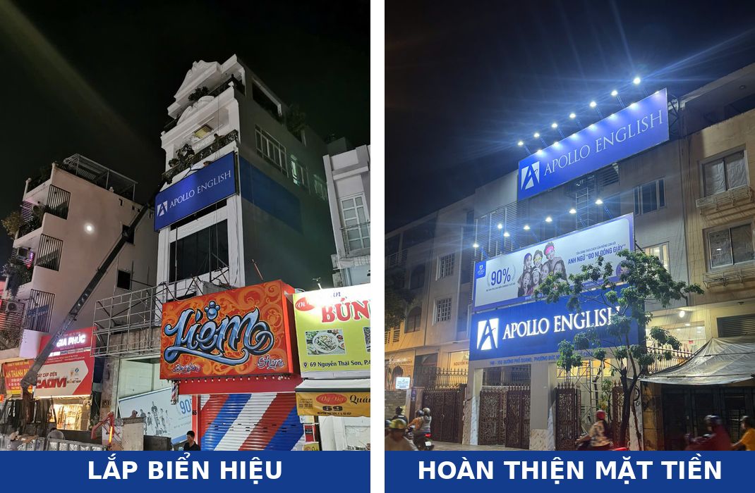 Installing an English center sign at night with a crane truck, and the finished façade