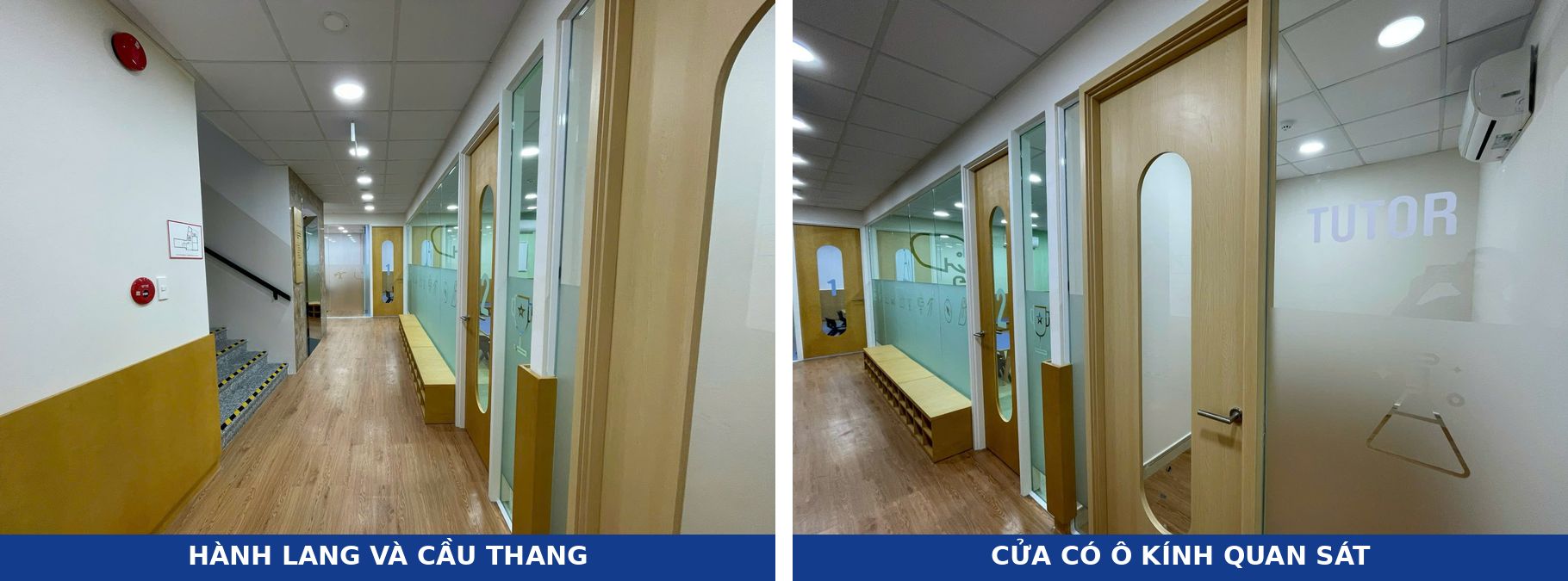 Corridor with fire alarm call point, evacuation plan and anti-slip stair nosing