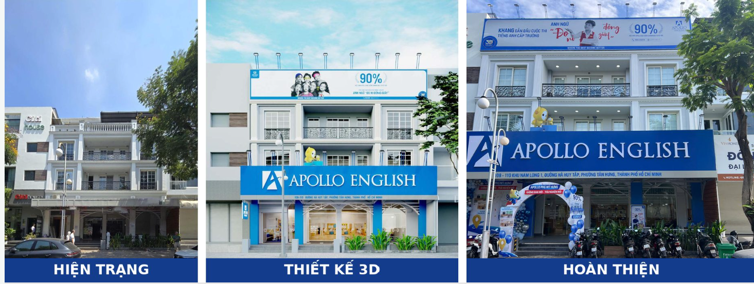Nhà phố cũ cải tạo thành trung tâm Anh ngữ Apollo Phú Mỹ Hưng: hiện trạng, thiết kế 3D và hoàn thiện