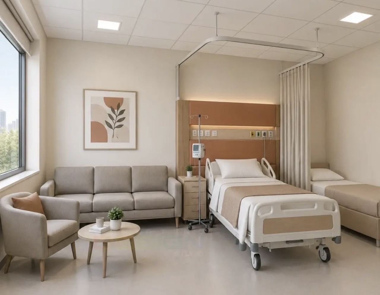 VIP patient room interior: wood headboard panel, bedside cabinet and sofa for relatives