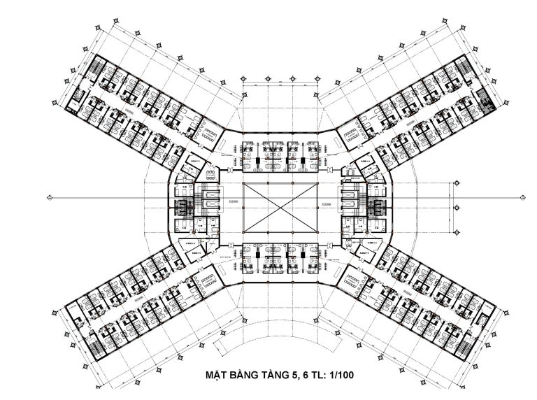 Typical floor plan of levels 5 and 6, inpatient block, Xuyen A Cu Jut Hospital