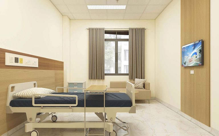 Single-bed inpatient room furniture – bed-head panelling, bedside cabinet