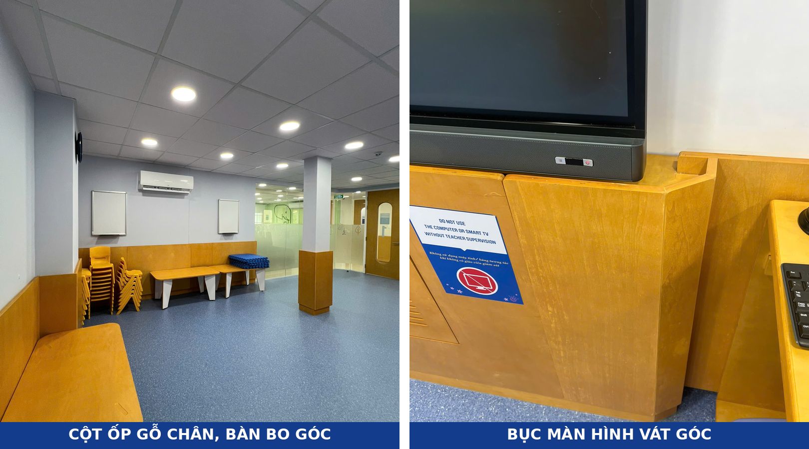 Cột ốp gỗ phần chân trong phòng học và bục màn hình tương tác vát góc che kín dây điện