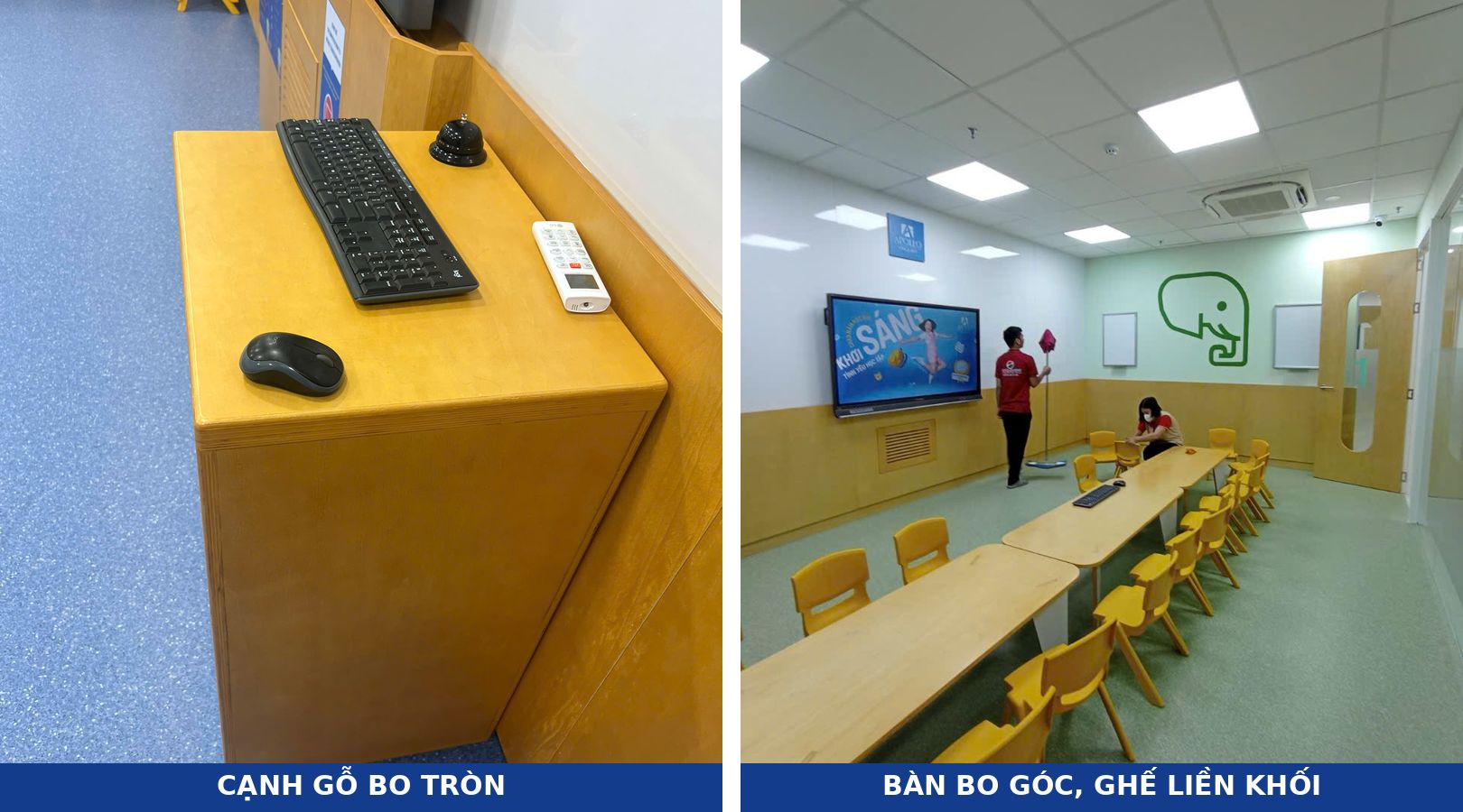 Tủ gỗ bo tròn cạnh và bàn bo góc, ghế nhựa liền khối trong phòng học trẻ em