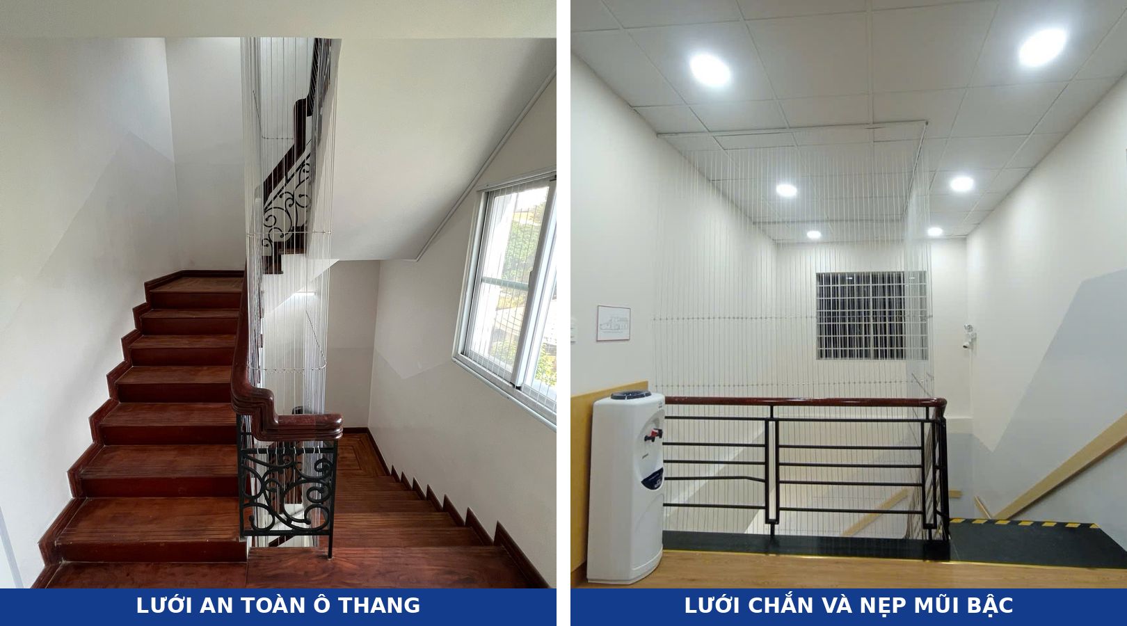 Lưới cáp inox căng kín ô cầu thang và lưới chắn đầu thang có nẹp mũi bậc vàng đen